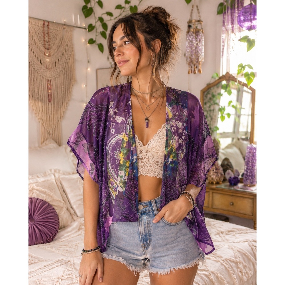 One World PS Purple Sheer Kimono Top Sequin Paisley Boho Open Cardigan